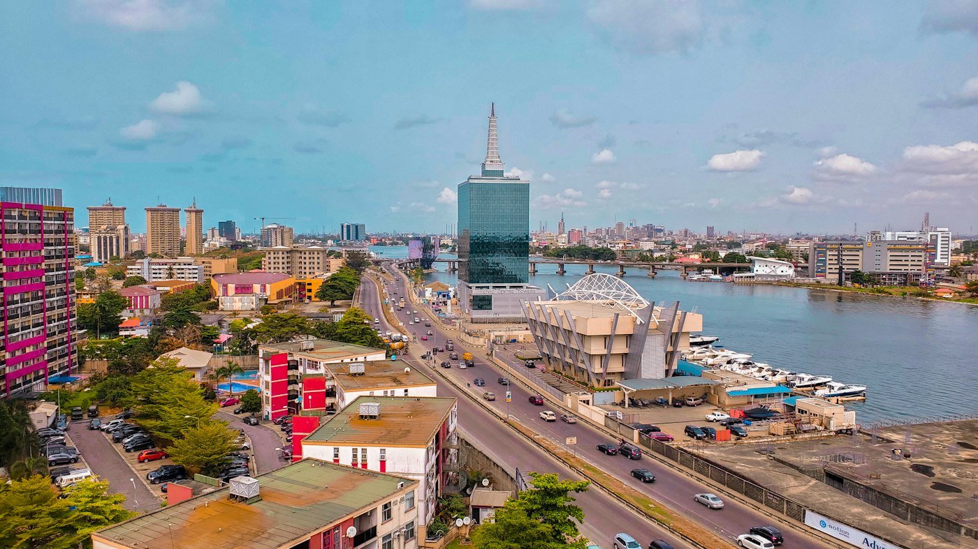 The Lagos skyline across the lagoon, with Civic Centre in Victoria Island
